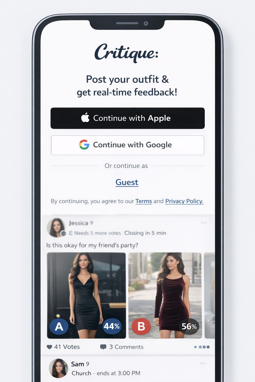 Critique login screen mockup